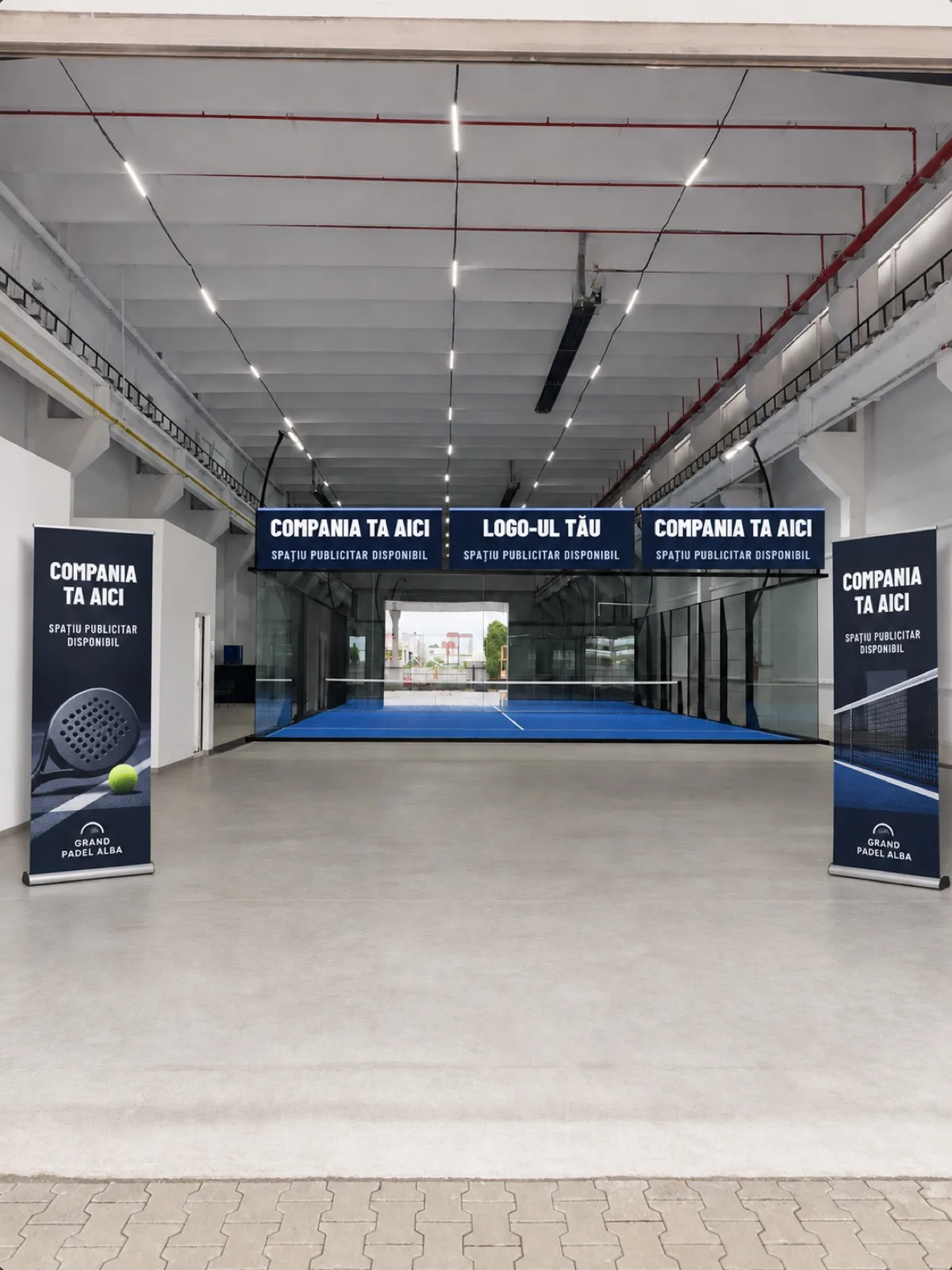 Panouri publicitare deasupra Terenului Central și roll-up-uri la intrare, Grand Padel Alba